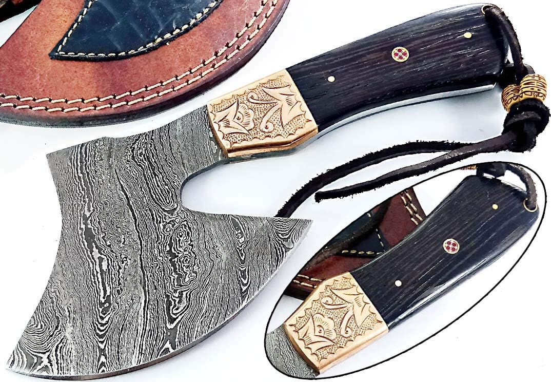 Dessi Handmade Damascus Steel Axe Hatchet Wenge Wood Handle Brass Engraved Bolster Leather Sheath Camping Bushcraft EDC Tomahawk Gift Men SM45