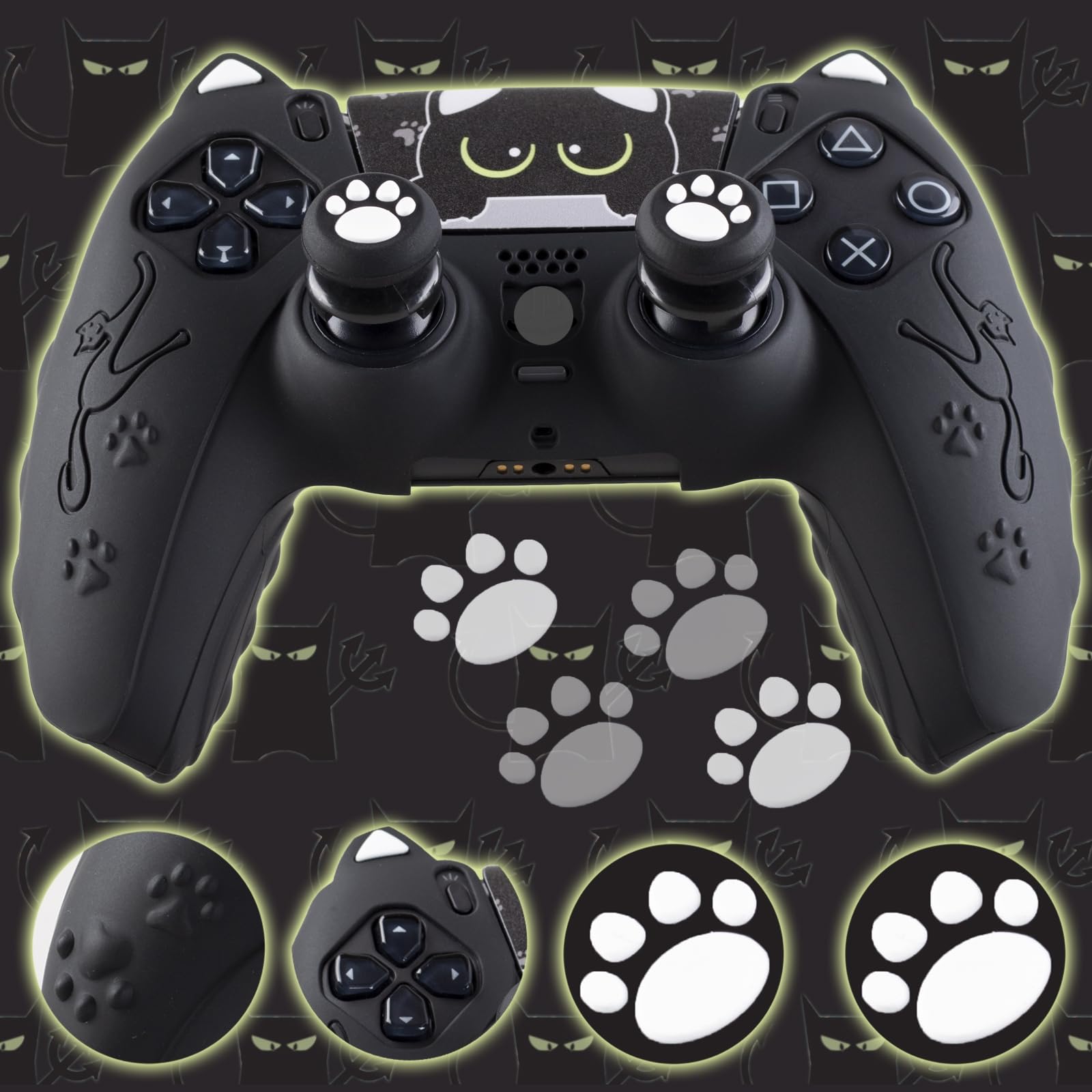 1 x Silikon-Aufkleber und Verlängerungsgriffe für PS5-Controller, Katzen, Schwarz