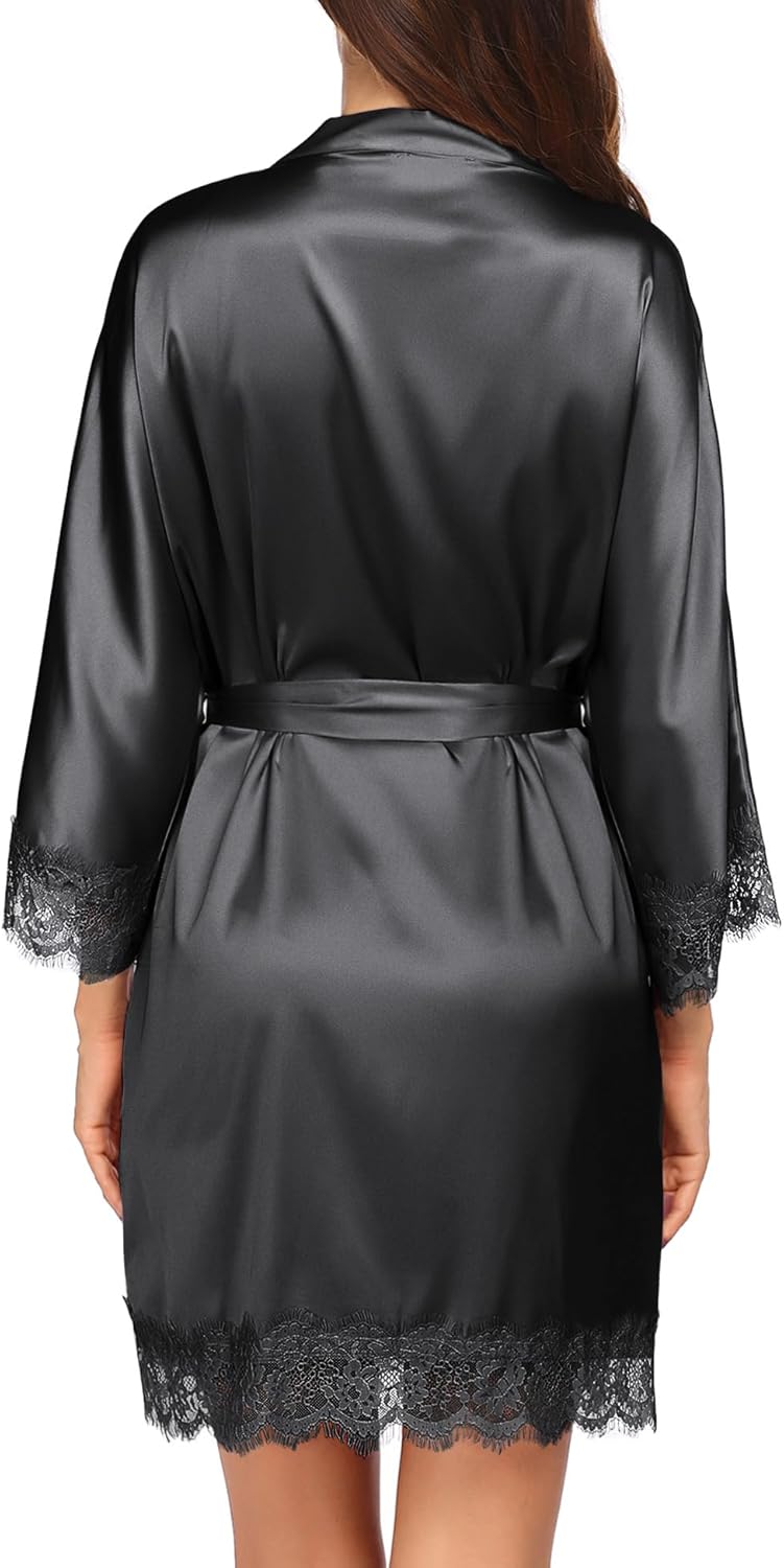 Ekouaer Womens Silk Robe Short Lace Trim Satin Robe 3/4 Sleeve Sexy Kimono Bride Bathrobe Comfy Sleepwear with Pockets - Image 5