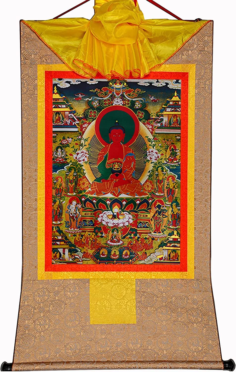 VHKJewE Amidabha in Pure Land,Elysium of Buddhism,Sukhavati, Buddhist Thangka Brocade(Beige,Medium(62cm*47cm))