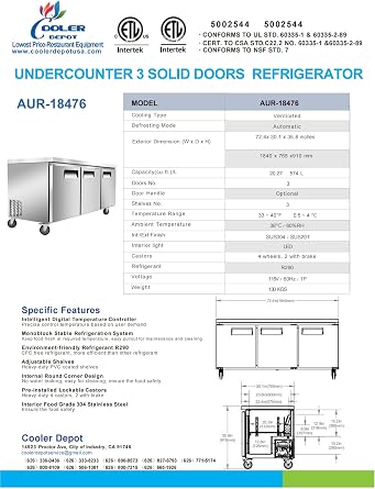 cooler depot Commercial Under Counter Refrigerator with Worktop 3 doors 72 Inches Width 21 Cu. Ft. 3 Shelves Stainless Steel 33F~41F 115V/60HZ -AUR-18476