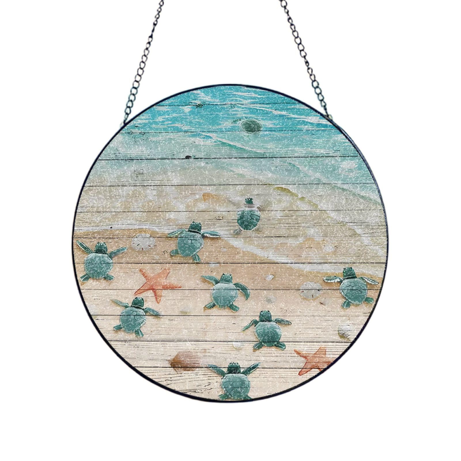Phayah Sea Turtle Starfish Print Stained Glass Window Hanging Suncatcher For Door Terrace Garden Home Decor Sun Catcher Birthday Gifts For Lovers Dad Mom 8in（20cm）