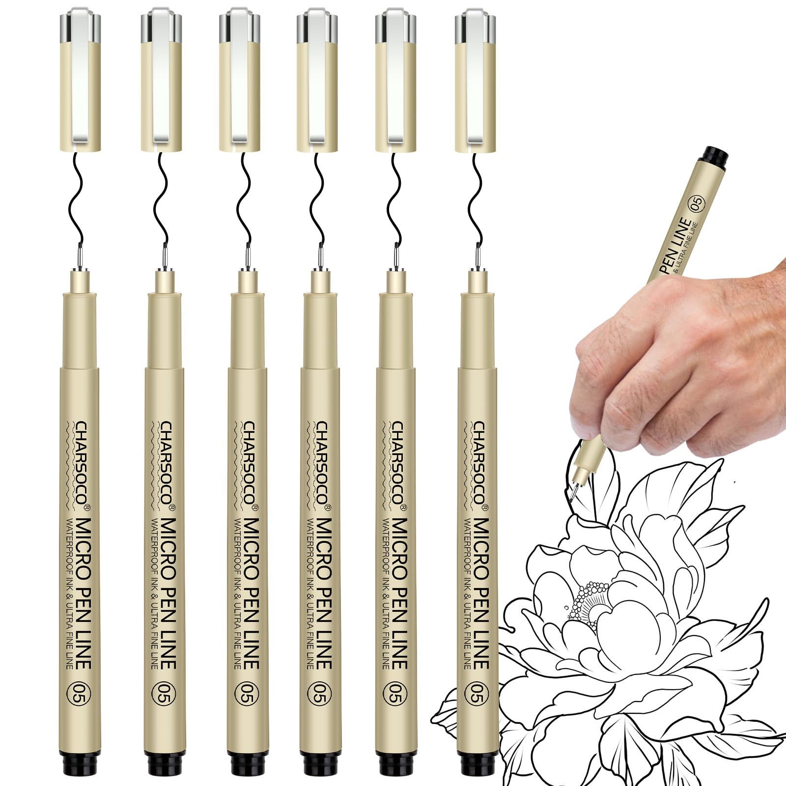 CHARSOCO 05 Micro Pen, Black Fine Point Pen with Waterproof Archival Ink, 0.48mm Fineliner Ink Pens for Artist Illustration, Sketching, Anime, Manga, Technical Drawing and Scrapbooking