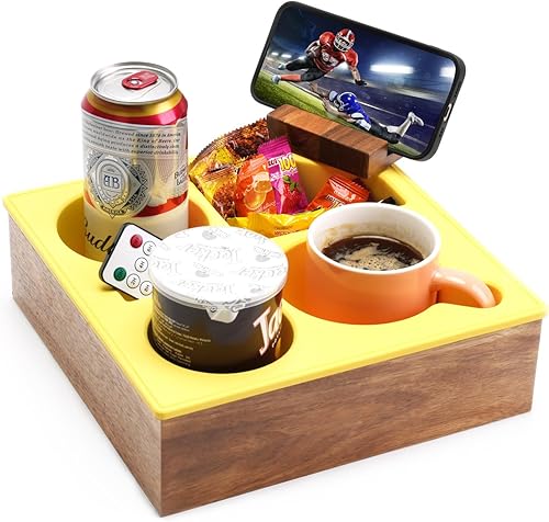 Miniatura 8 de Bandeja Portavasos para Sofá, Práctica Bandeja de Silicona Suave y Madera de Acacia, Organizador para Cama, Asiento de Coche, Playa, Portavasos