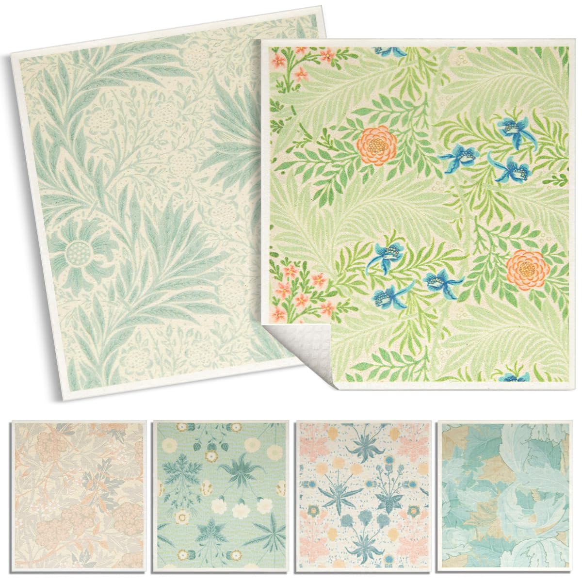 6 - Pack Swedish Kitchen Dish Cloths - Reusable Paper Towels for Counters & Dishes - Eco Friendly Cellulose Sponge Cloth - Assorted (Flower Pattern)