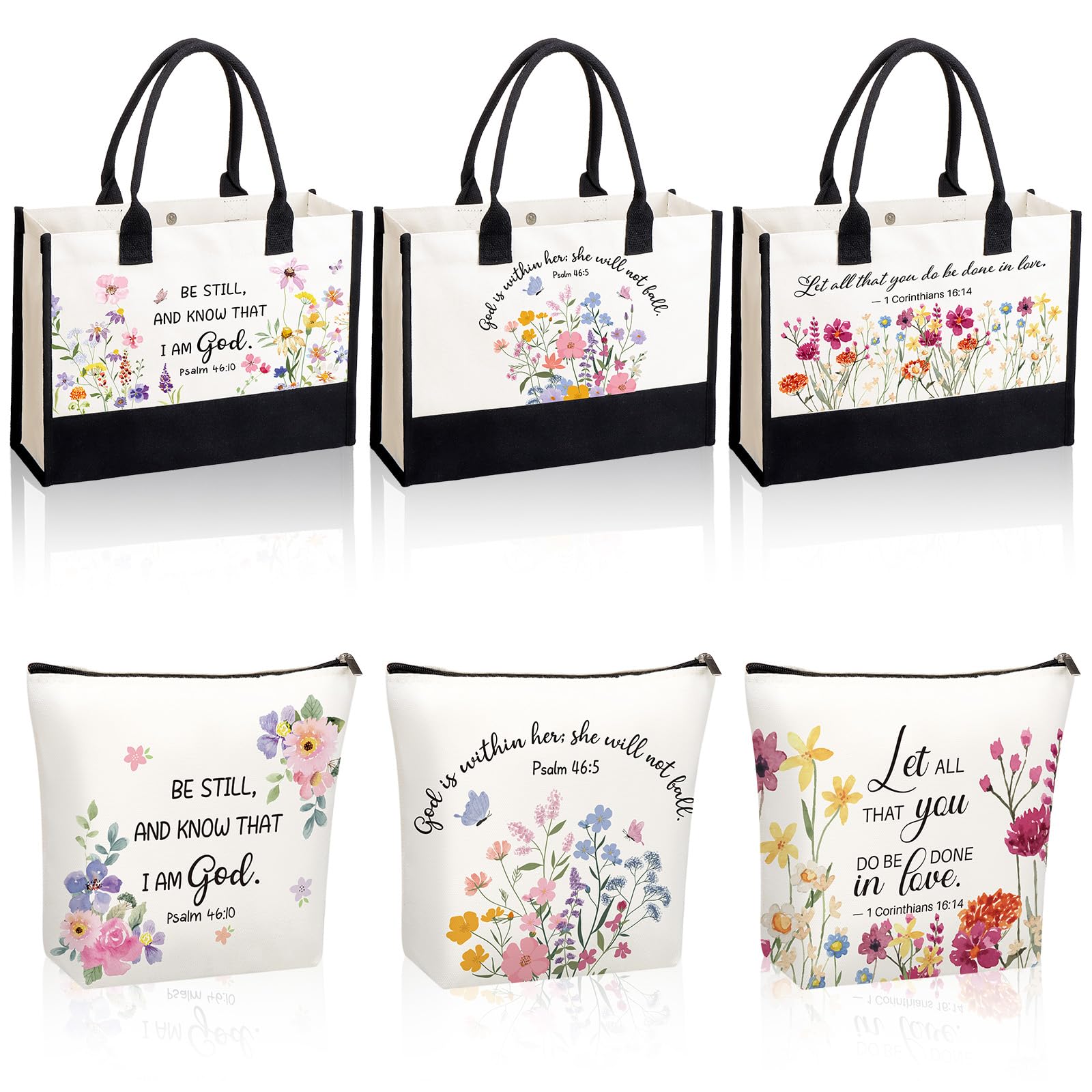 CNSJ 6 Pcs Christian Tote Bags for Women Christian Canvas Tote Bags and Makeup Bag Bulk Inspirational Gifts for Christians Birthday Favor for Woman