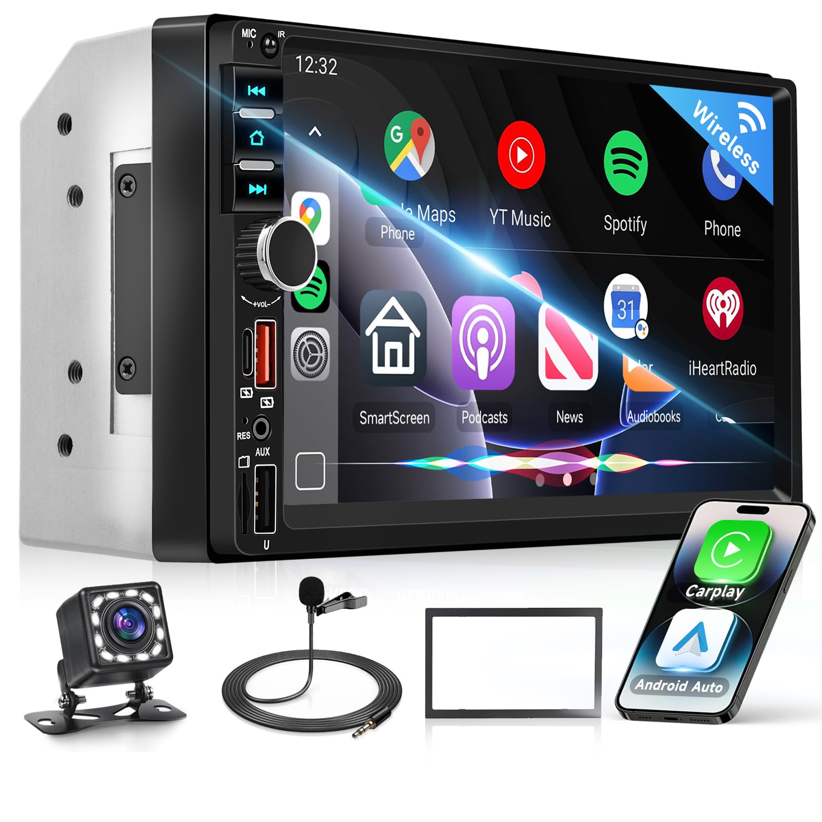 VECHTEL Radio samochodowe 7-calowe 2 DIN z bezprzewodowym CarPlay, Android Auto, radio FM z Bluetooth, nawigacja GPS, 2 porty USB/Typ-C/SD, wideo online, ekran dotykowy IPS radio samochodowe z kamerą