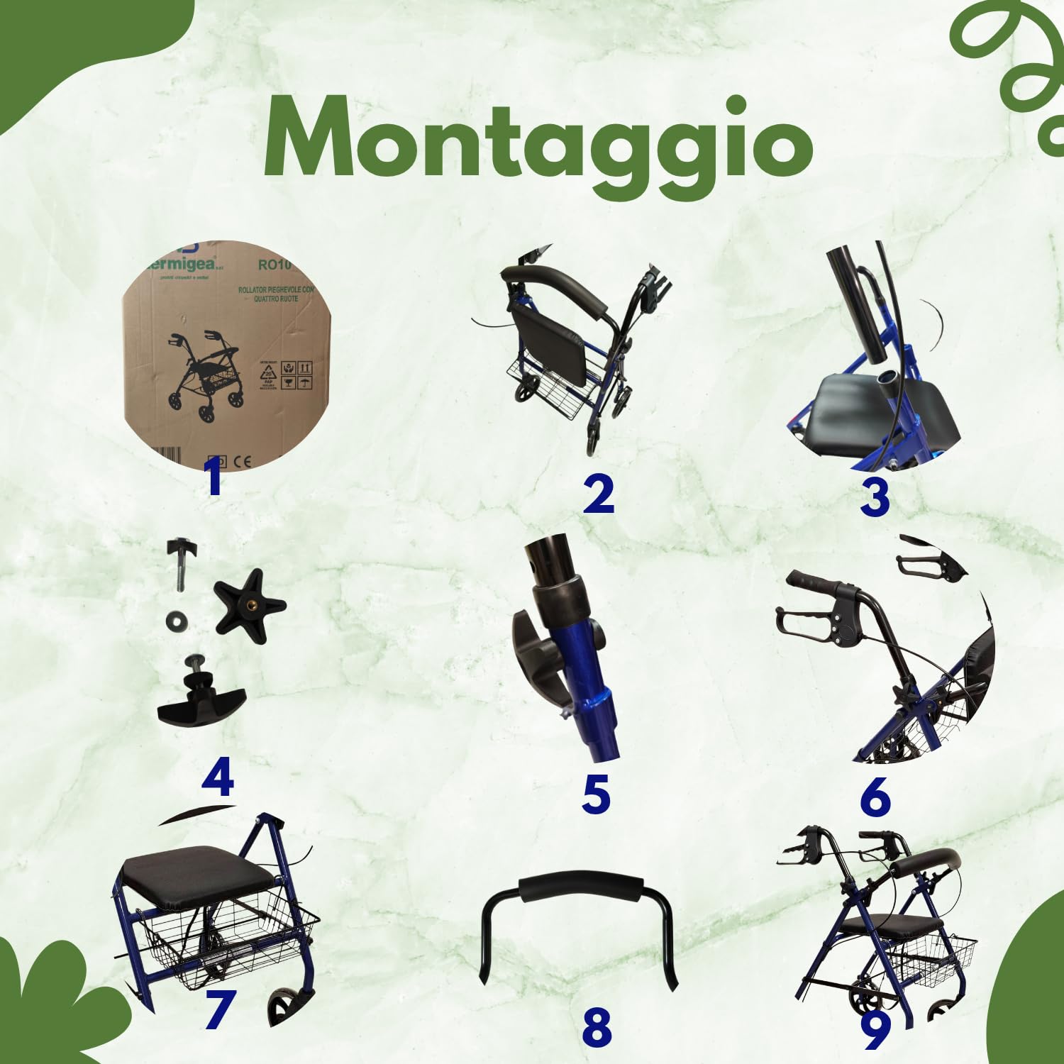 TERMIGEA RO10 - Deambulatore per Anziani con Seduta Pieghevole, Carrello per Anziani per Camminare in Acciaio (Portata 130KG) Sedile e Schienale Imbottito, Freni di Stazionamento, Altezza Regolabile
