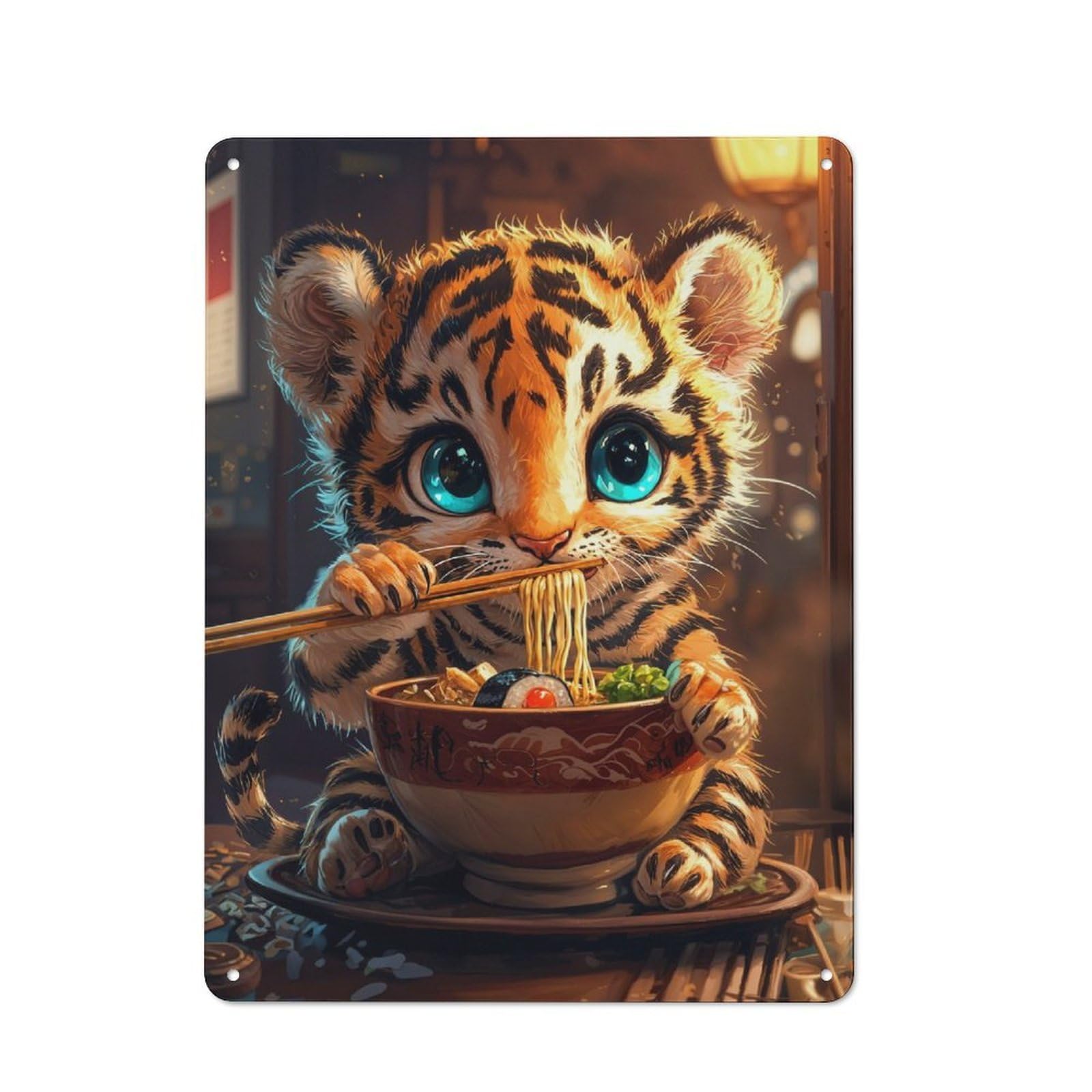 Junmoney Cute Tiger Eating Ramen Metal Plaque 40X30cm With For Hallway Wall, Retro Decor, For Themed Interiors In Hallways And Entrance Areas