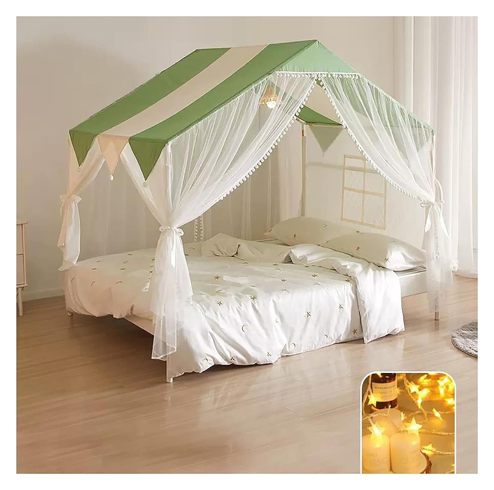GJMSSMY Mosquito Net For Bed, Bed Canopy Tent For s, Bed Netting Canopy With Dreamy Lights Wooden 4 Corners Canopy Bed Frame Post Poles With Curtains,Elk,Full (Color : Grün, Size : Queen S