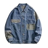 Patchwork Denim Jacket Mens Oversized Jean Coat Button Down Outwear Tops
