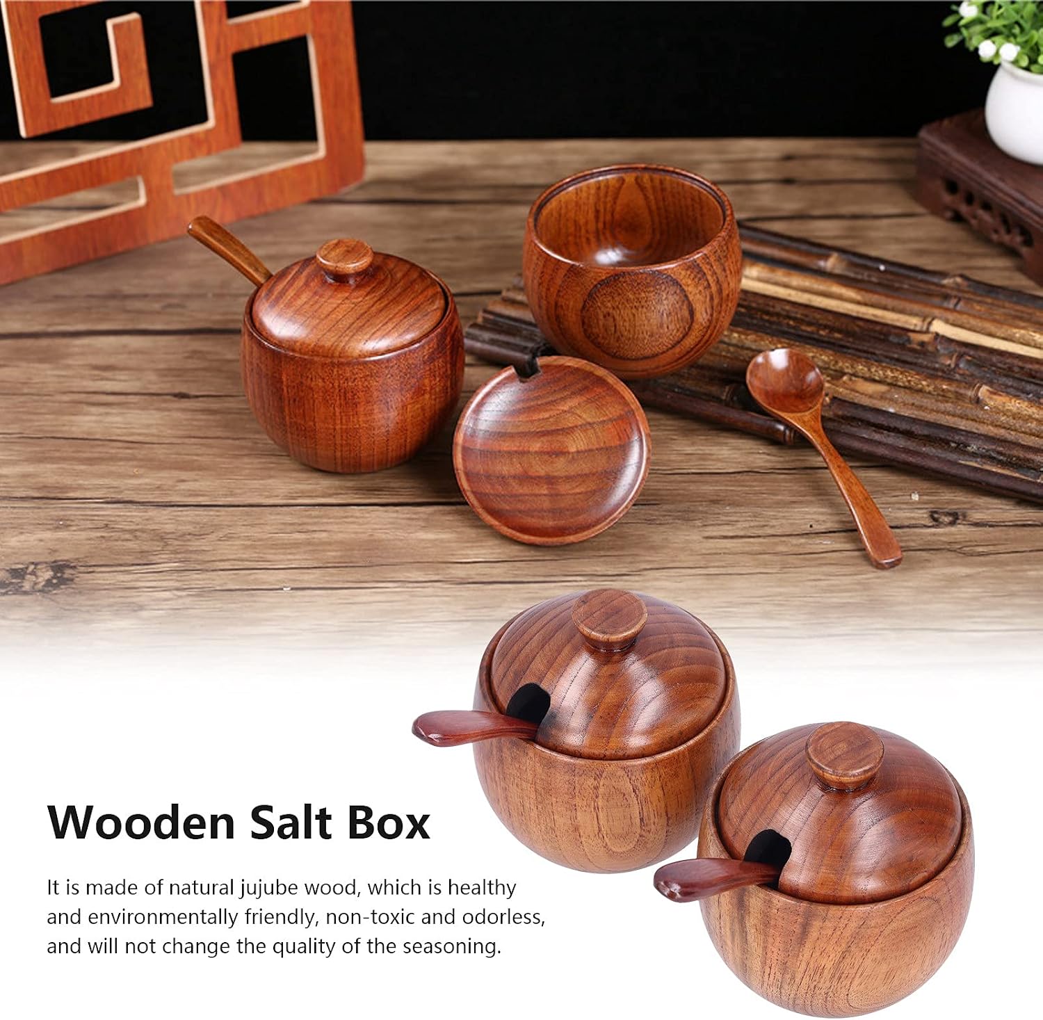 2pcs Jujube Wood Seasoning Pots, Small Storage Container Condiment Jars, Seasoning Pots with Lids and Spoons for Sugar Salt