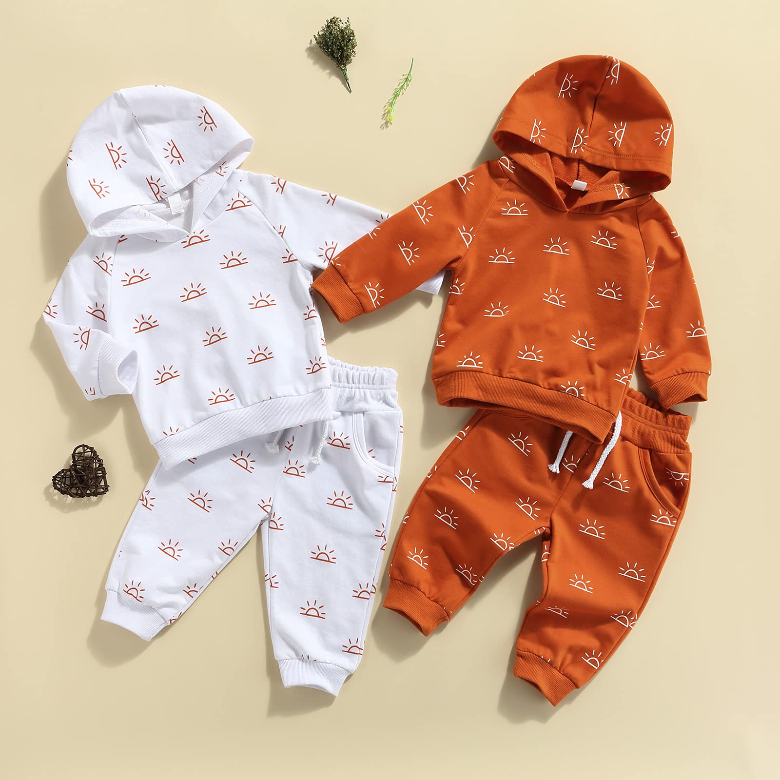 Karesoull Winter Newborn Baby Boy Clothes Set Cute Infant Sun Printed Hooded Outfits Cotton Long Sleeve Hoodie Tops Pants 2PCS (Hooded Brown, 12-18 Months)