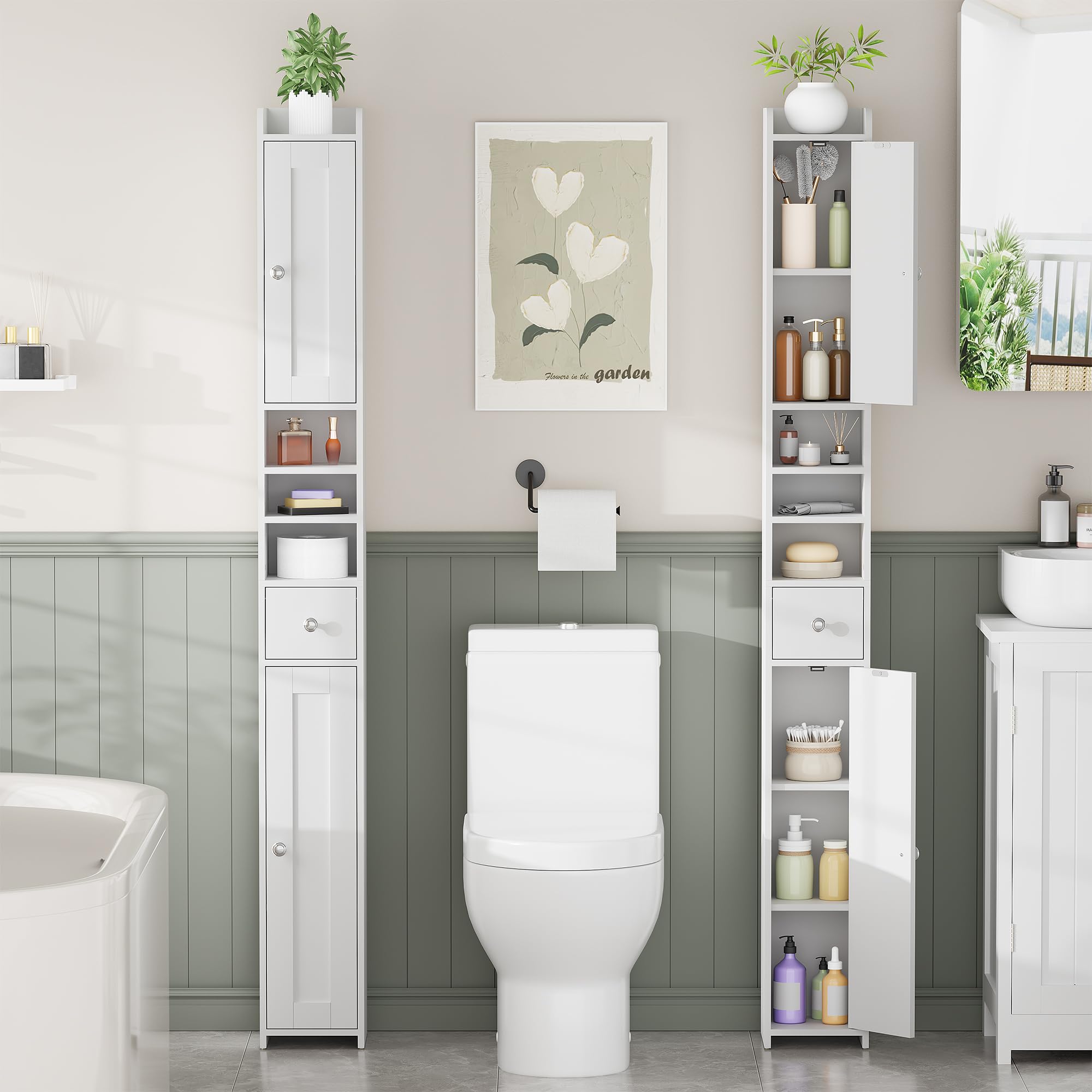 BEWISHOME Armario Alto de Baño,Mueble de baño Alto y Estrecho, Mueble Auxiliar baño,con Estantes Ajustables, Compartimentos Abiertos, para Espacios Pequeños, Moderno, Blanco EYYG07W