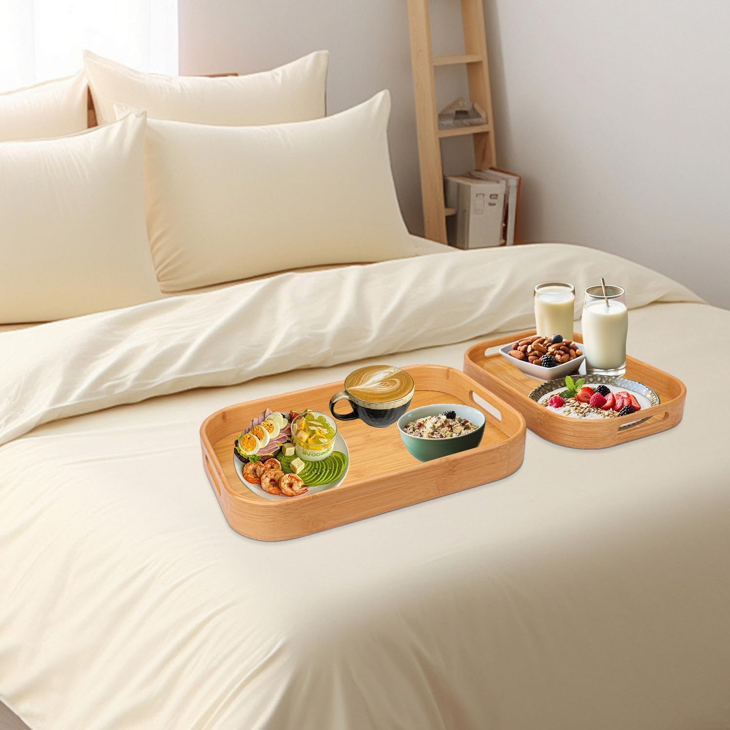 2 Pack Bamboo Serving Trays with Handles, Rectangular Bamboo Trays for Serving Food, Tea, or Dining in Bed - Image 7