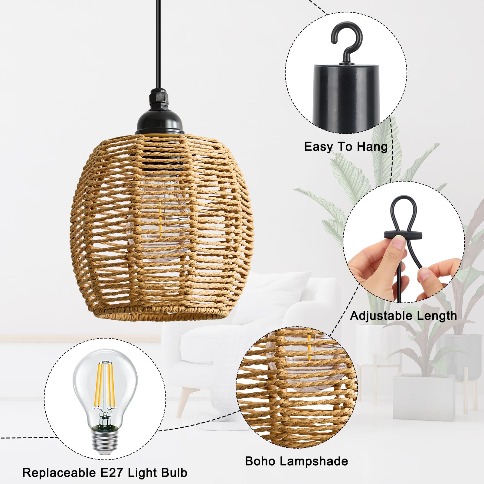 2 Lámparas Colgantes con Batería, Lámpara Exterior Techo Ratan IP65, Lampara Colgante Pilas con Mando y Bombilla Dimmable, Lámpara Colgante sin Cables para Terraza Jardín Salón Comedor