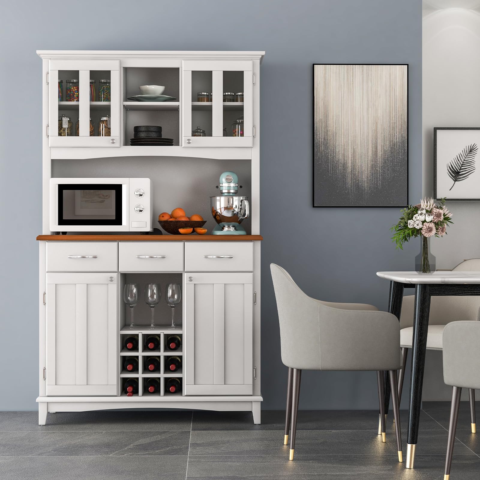 COSTWAY Credenza Alta Cucina, Armadietto Dispensa da Cucina con Portabottiglie, Ripiani Regolabili e 3 Cassetti, per Soggiorno e Sala da Pranzo, 106,5 x 42 x 184 cm (Bianco)
