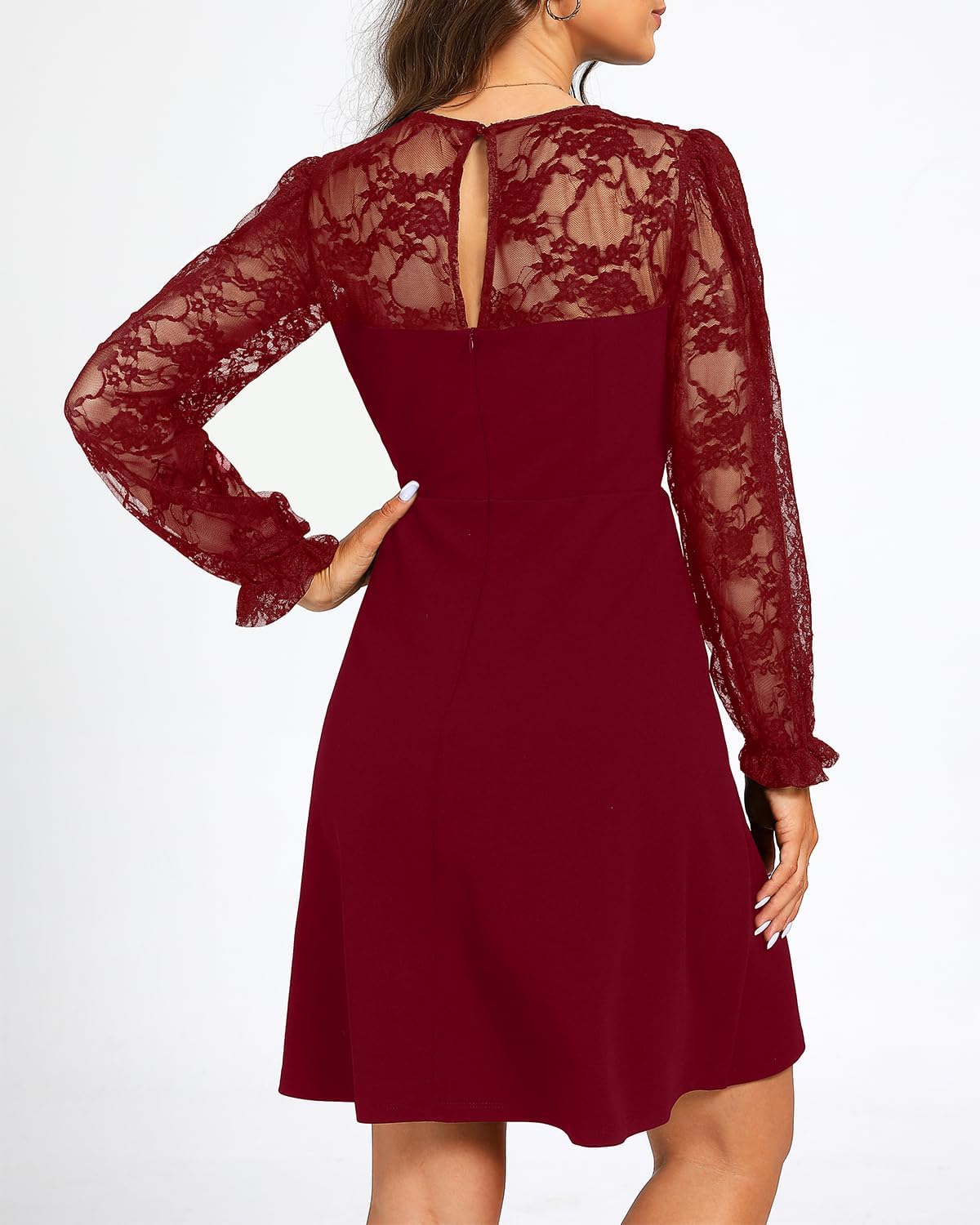 Holipick Women's Cocktail Dresses Wedding Guest Party Crew Neck Short A Line Dress with Lace Sleeves - Image 3