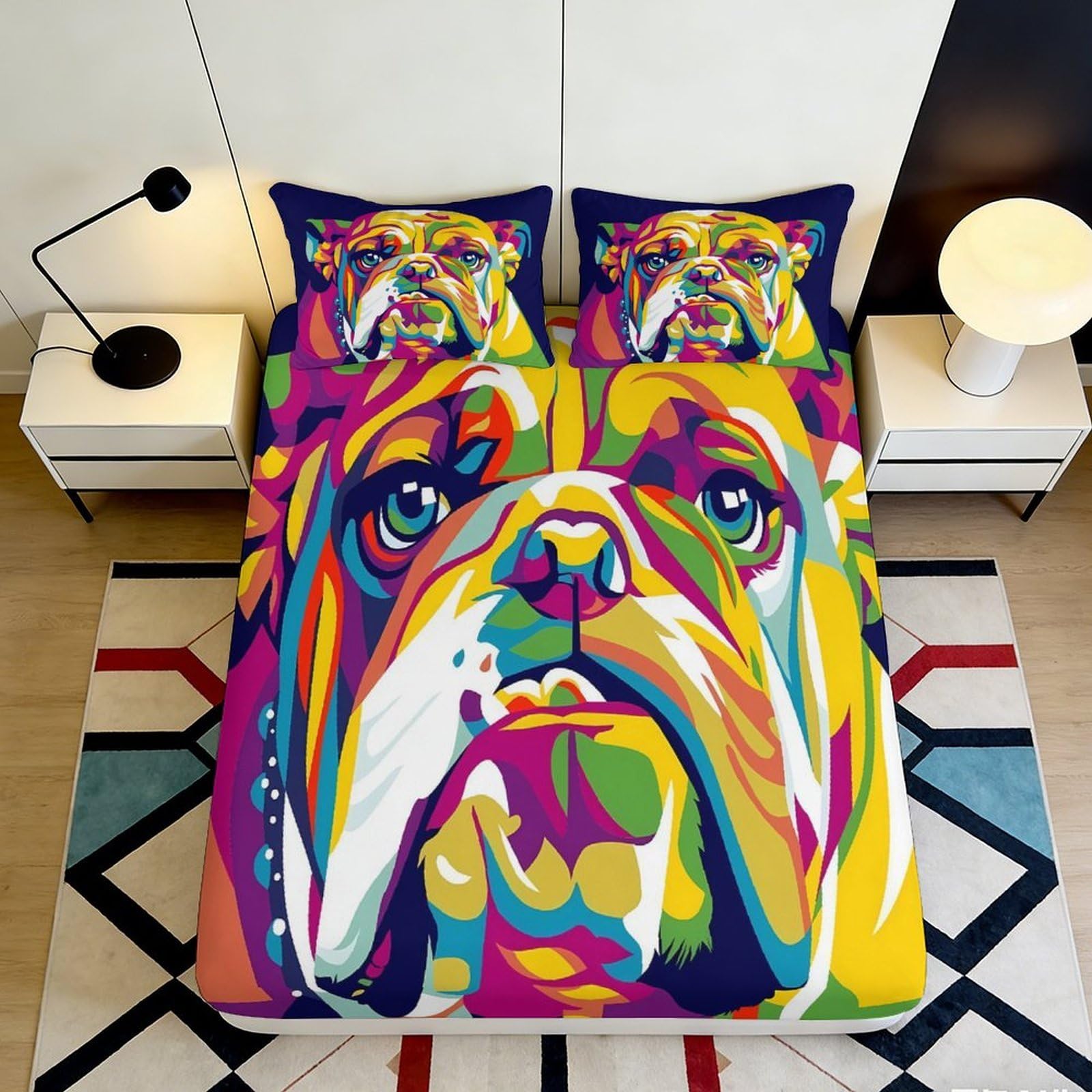 3D Printed Colorful Bulldog Fitted Sheet Microfiber Soft Durable Artistic Dog Bed Sheet for Bedroom Dorm Room Decor 90x200x25cm