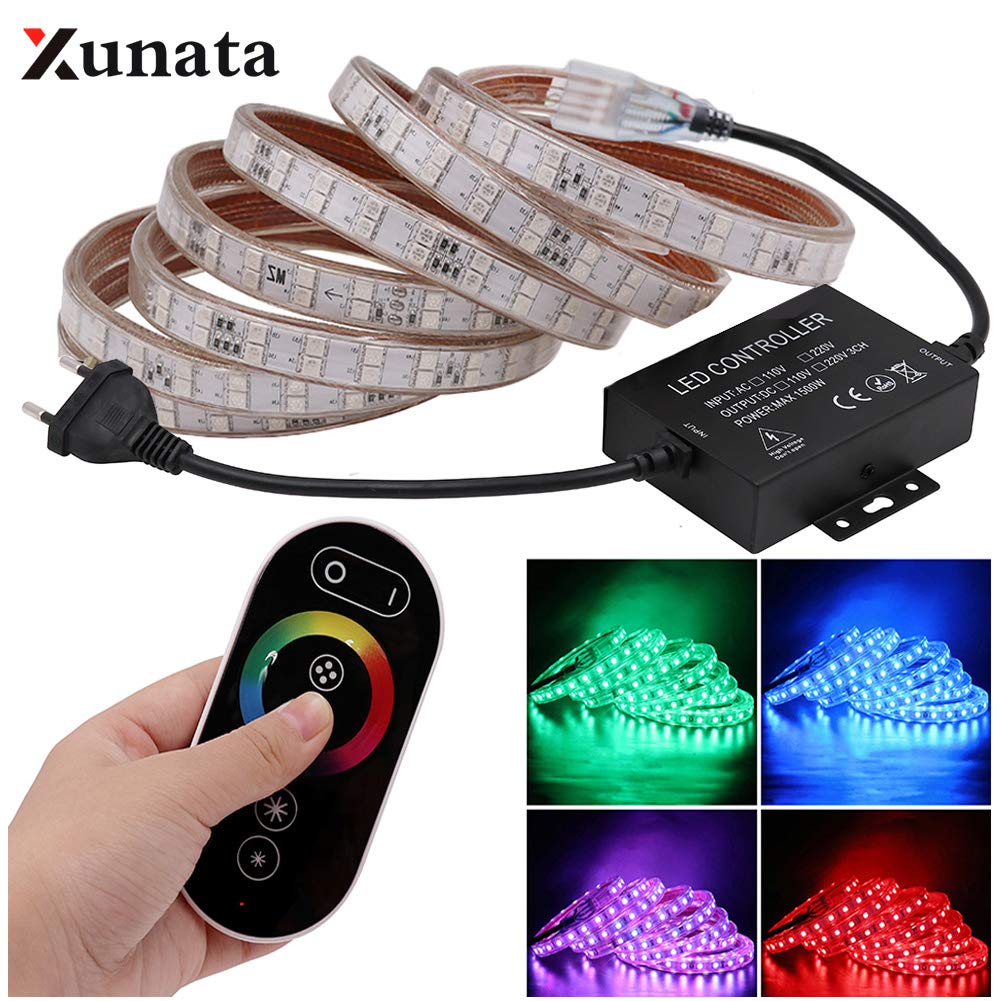 XUNATA 220V RGB Tiras LED con Toque Remoto, 5050 120 LEDs/m Regulable Strip Light (25m), IP67 Impermeable para Interior Exterior Decoración Iluminación Luz