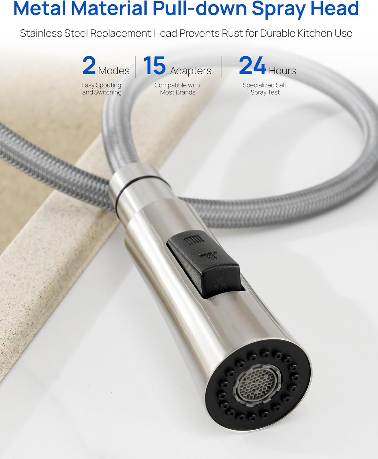 J-HVA Metal Kitchen Faucet Head Replacement - Pull Down Spray Head with 15 Adapters - 2 Modes Kitchen Faucet Sprayer Head Replacement, Sink Sprayer Replacement, Brushed Nickel, Stainless Steel