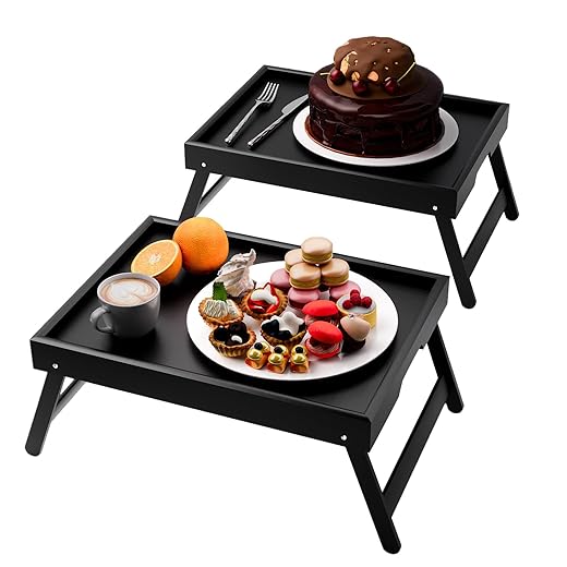 Fibogollo 2 Pack Bamboo Bed Tray Table with Folding Legs,Breakfast Trays,Serving Tray for Food and Snack,Laptop Trays for Working(Black)