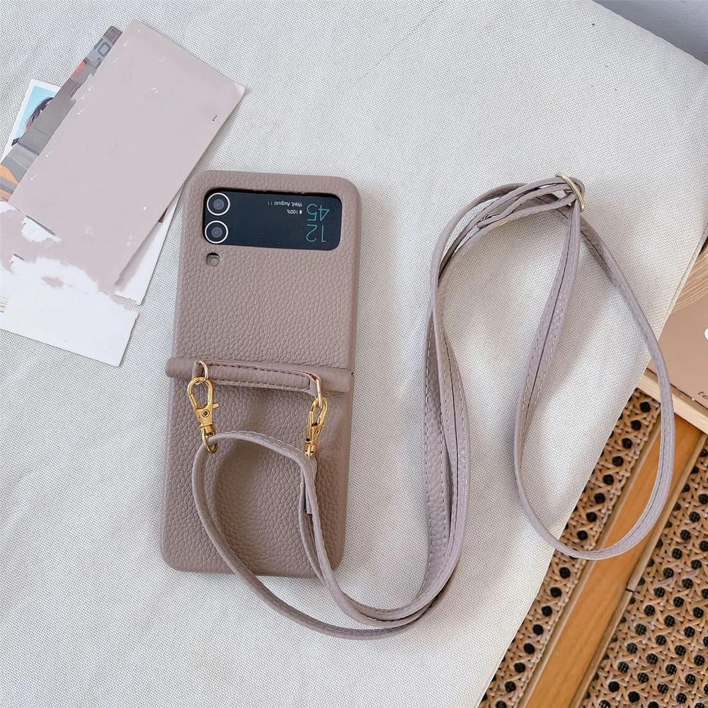 Leather Crossbody Lanyard Shoulder Strap Phone Case for Samsung Galaxy Z Flip 6 5 4 3 Flip6 Flip5 Flip4 Flip3 5G Cover,Camel,for Galaxy Z Flip3