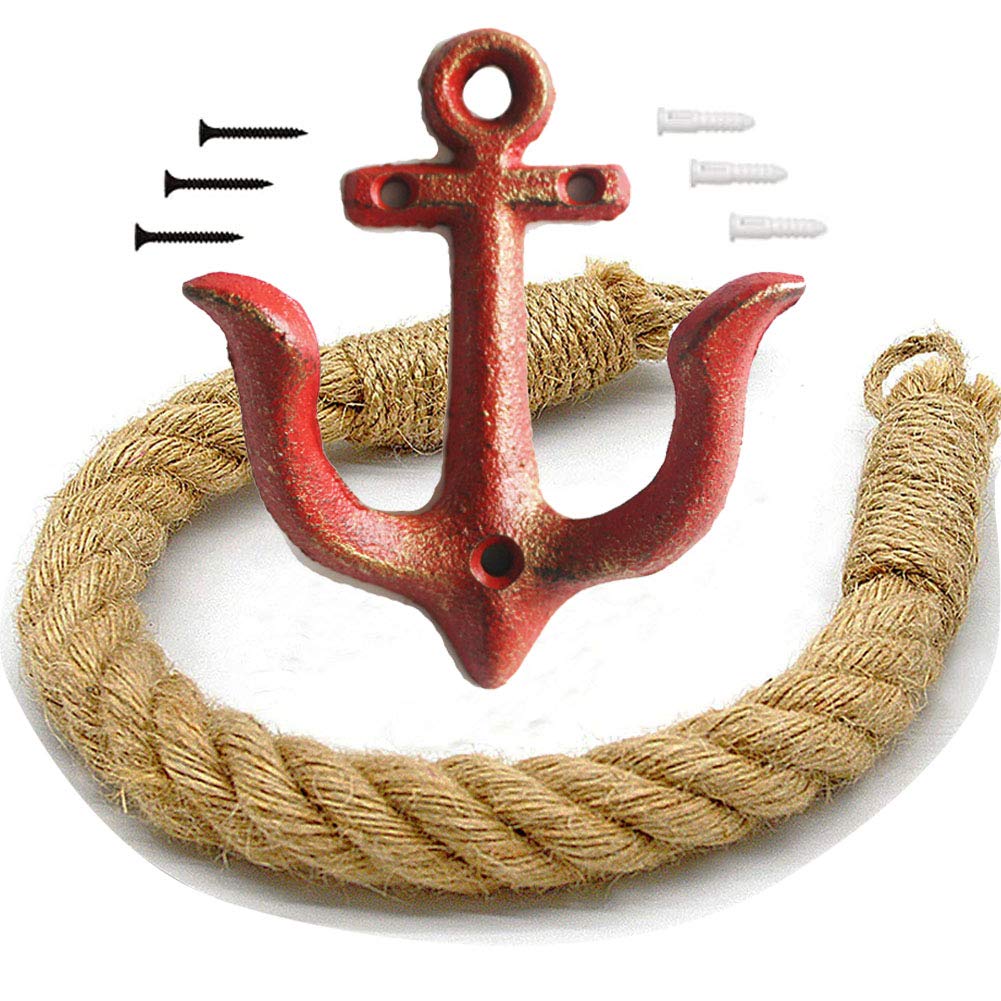 Nautical Rope Toilet Paper Holder Antique Bathroom Towel Holder Tie-back Curtain Rack Wall Mounted Metal Anchor Hook Design for Beach Themed Bathroom Decor