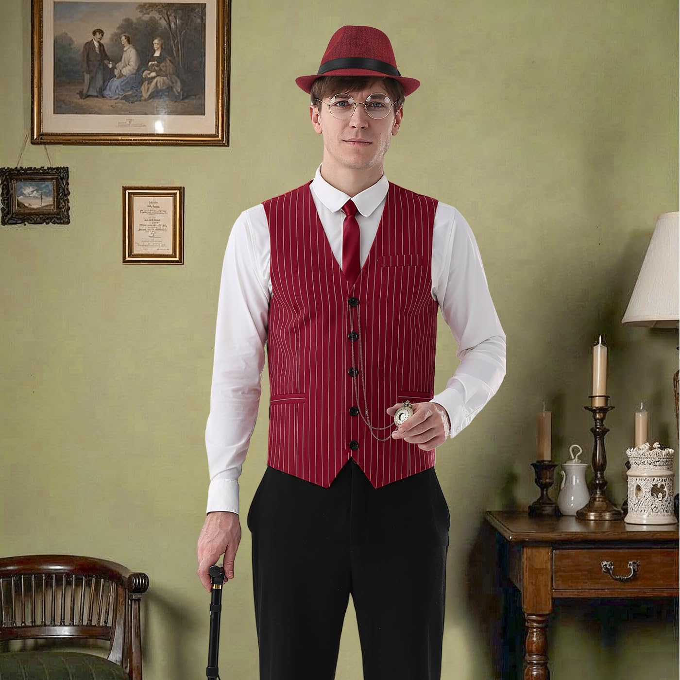 WILDPARTY Kostium męski w stylu lat 20. XX wieku, kamizelka z akcesoriami, szelki, zegarek kieszonkowy, broda, okulary, szpilka do krawata, do kostiumu mafii w stylu lat 20., gangster Peaky Blinders