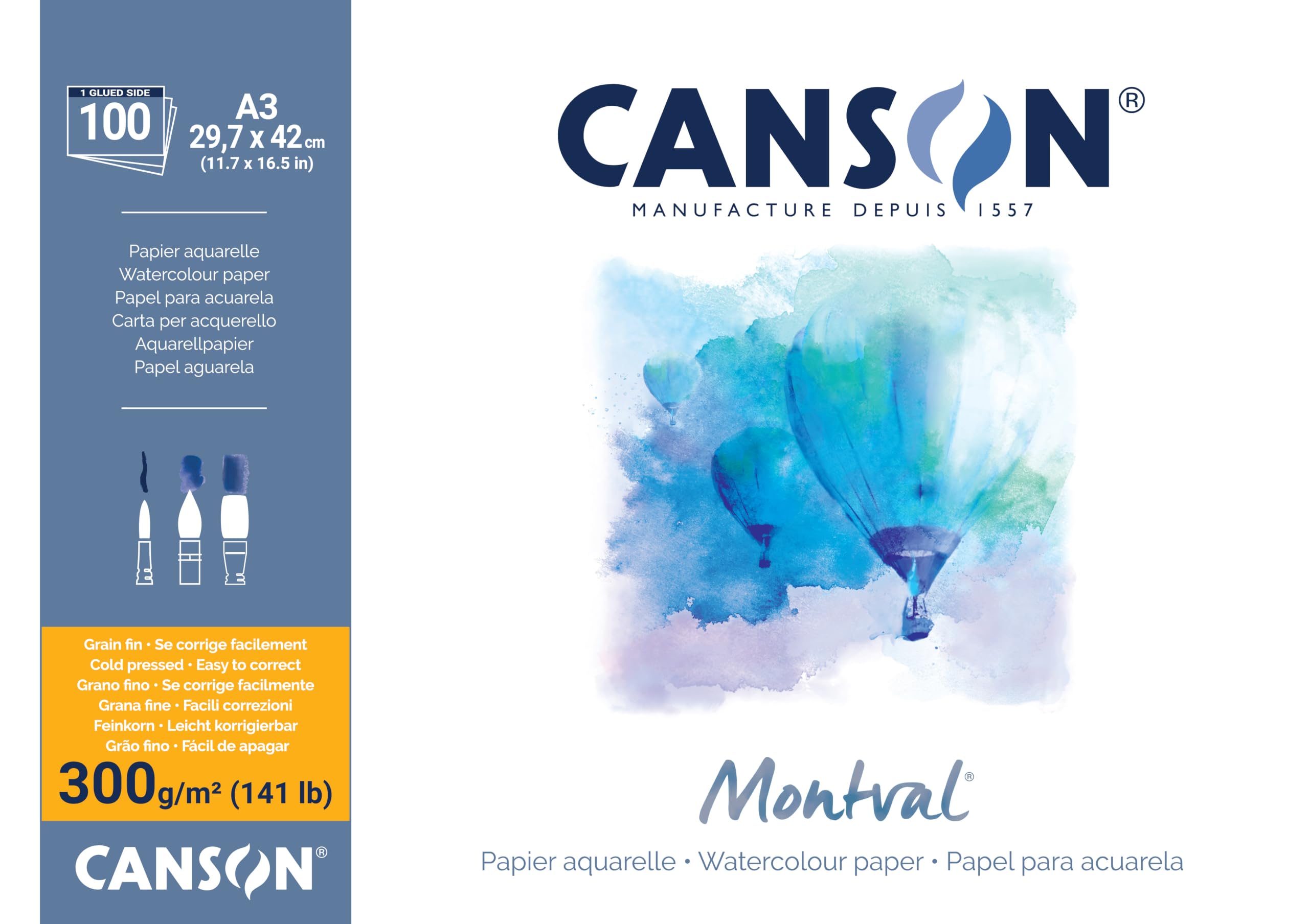 Canson Montval, Papel de acuarela, Prensado en frío, 300g, Encolados por el lado largo, A3-29,7x42cm, Blanco, 100 hojas