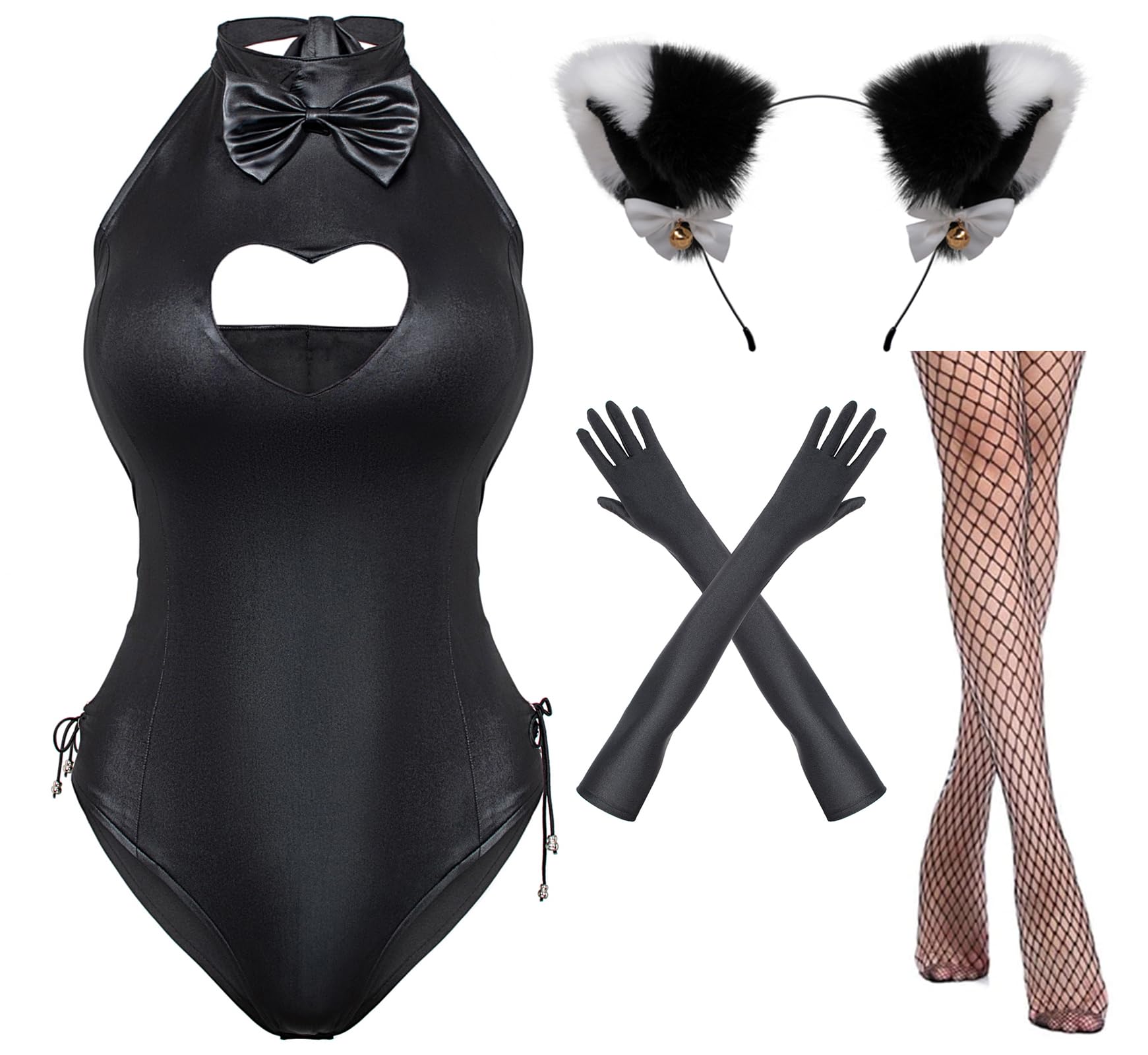 Womens Button Crotch Romper Onesie Bodysuit Cosplay Costume Furry Cat Ear Gloves Socks Set, Black, Medium