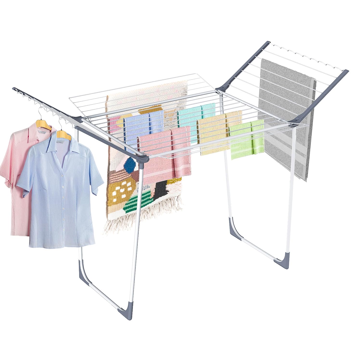 Séchoir à linge pliable avec 10 clips et 2 étagères à chaussures, égouttoir pliable pour vêtements, serviettes, 106,7 x 165,3 x 107,4 cm avec 4 ailes de mouettes, intérieur/extérieur (blanc)