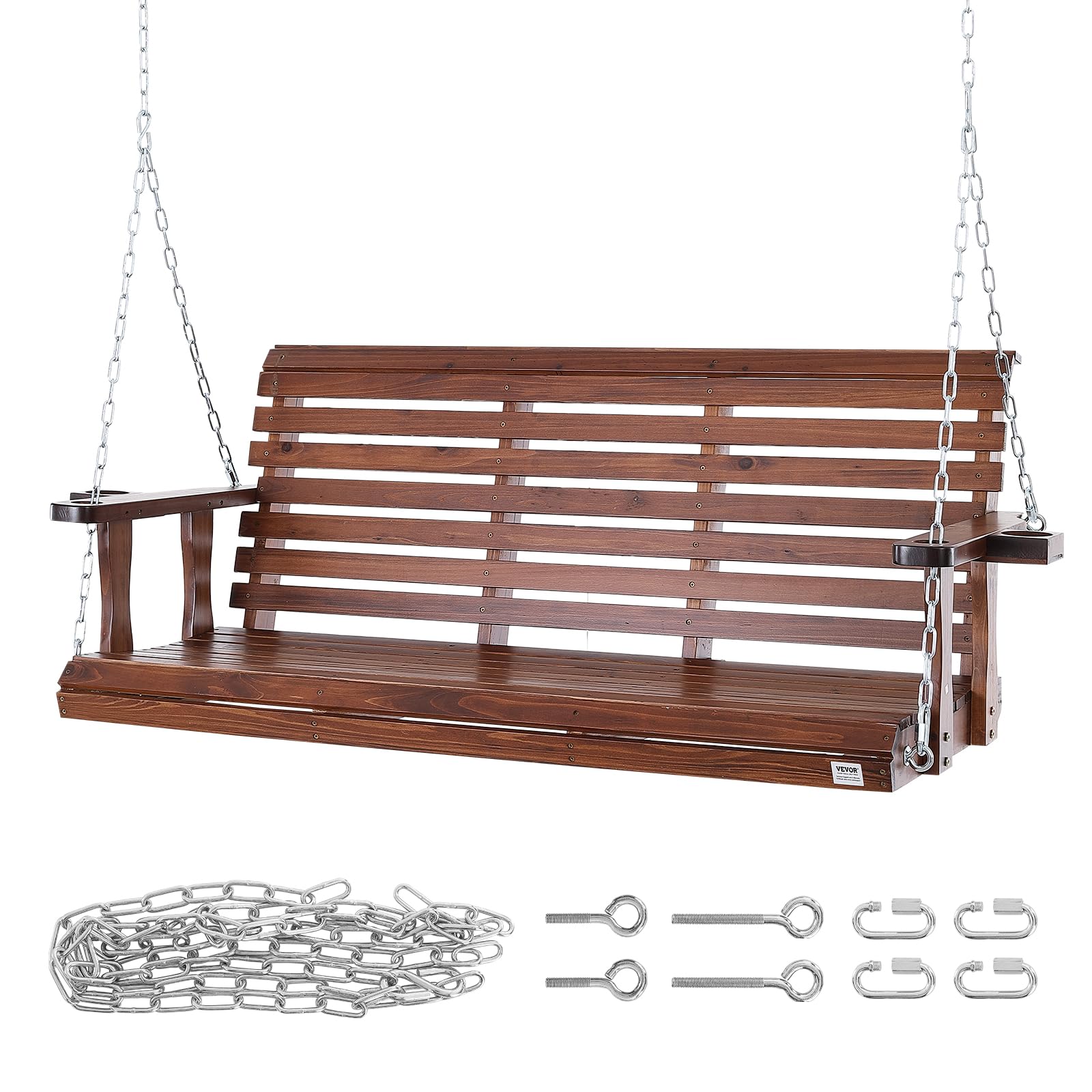 VEVOR Columpio de Madera para Porche 170x71x60cm, Columpio de Banco para Patio y Jardín, Capacidad de Carga Fuerte Mejorada de 880 Libras, Banco de Silla con Cadenas Colgantes para Exteriores, Marrón