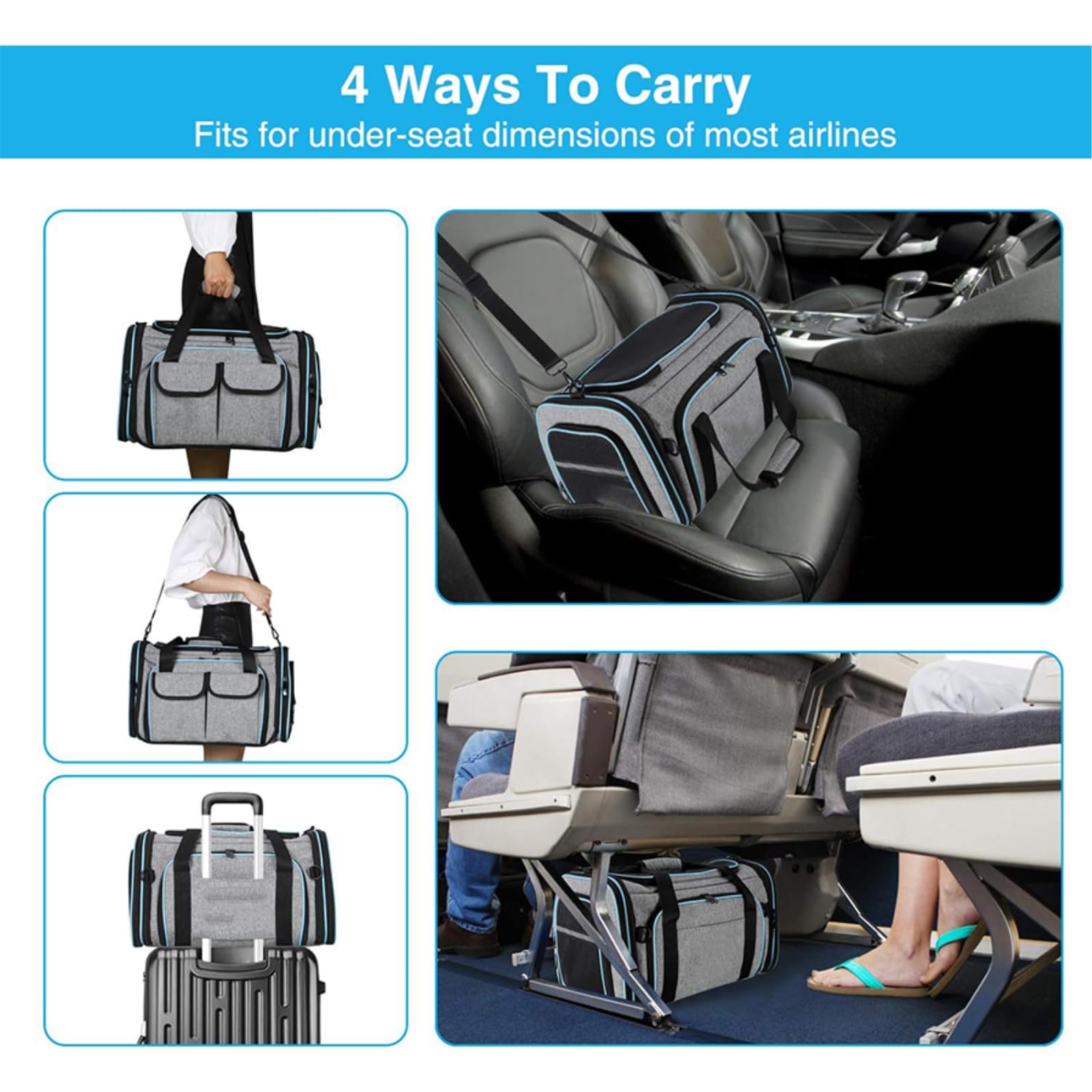 Borsa Viaggio Animali Carrier di per Domestici Espandibile A Lato Morbido Piccoli Cani E Gatti, Pieghevole Approvata dalla Compagnia Aerea con Ingresso 4 Vie-Deep Blue-s