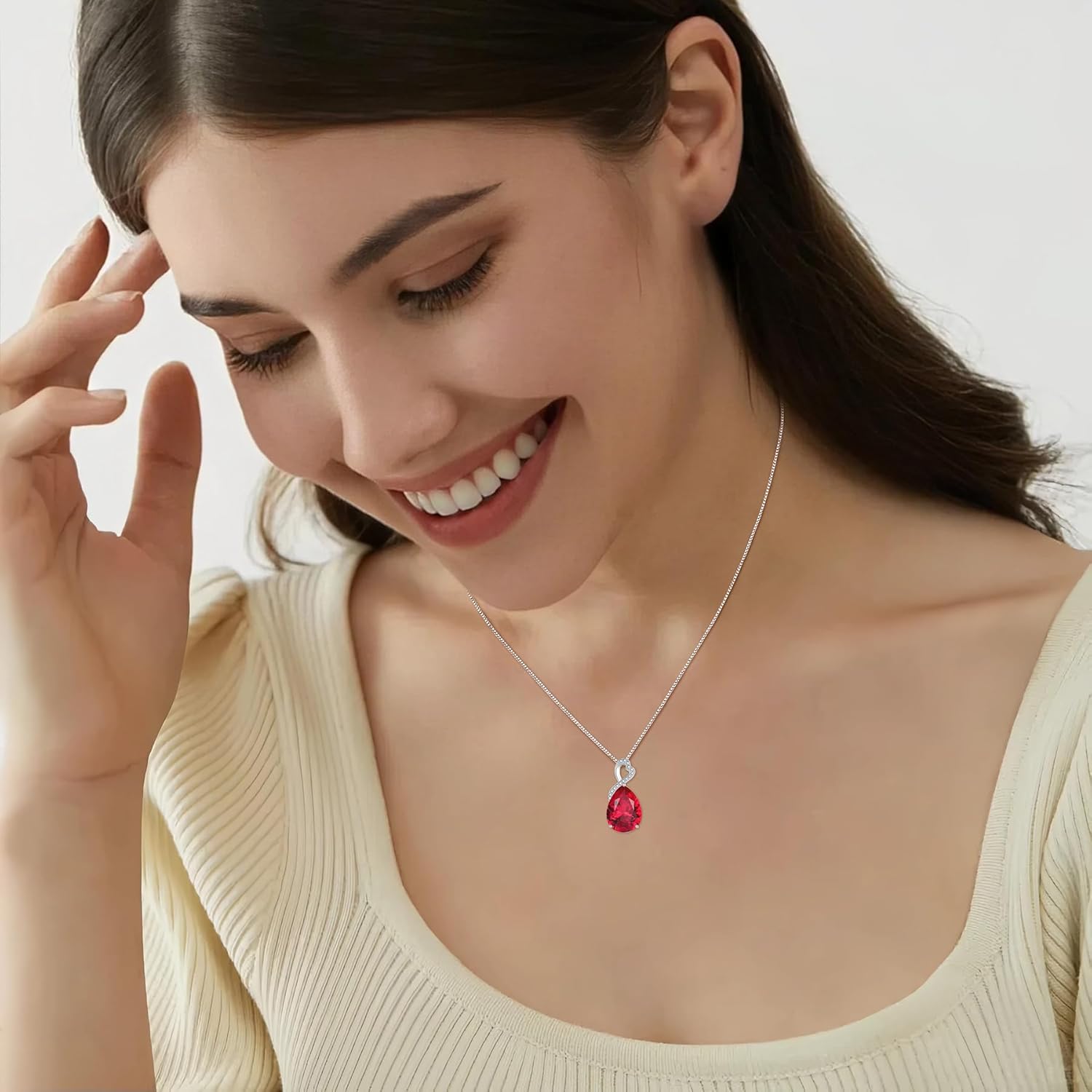 FJ Teardrop Birthstone Necklaces 925 Sterling Silver Pear Cut Pendant Necklace Birthday Jewelry for Women - Image 2