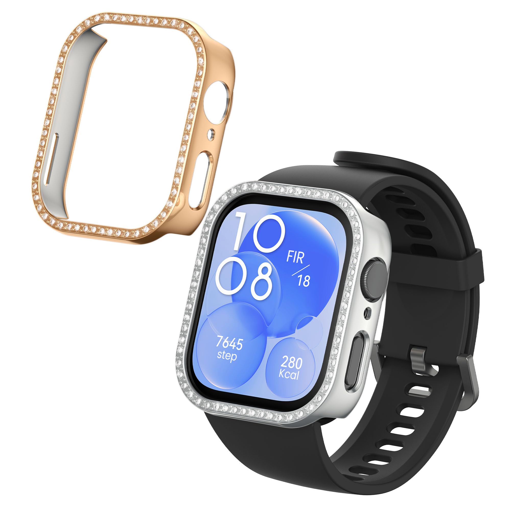 kwmobile Brokatowa osłona ramki kompatybilna z Huawei Watch Fit 3 ramka ochronna (zestaw 2 szt.) – srebrny/różowe złoto
