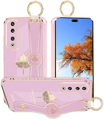 Phone Case for Honor 90 Pro 5G with Wrist Strap Stand & Finger Ring, Cute Aesthetic Slim Silicone Shockproof Protective Cover for Women Girls Purple