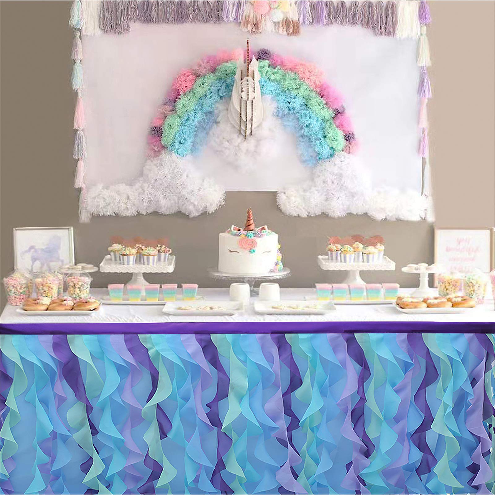 rismart Multistrato Tulle Gonna da tavolo, Tutu Gonne per Tavolo Compleanno Feste Arcobaleno,77 H x L 275 cm