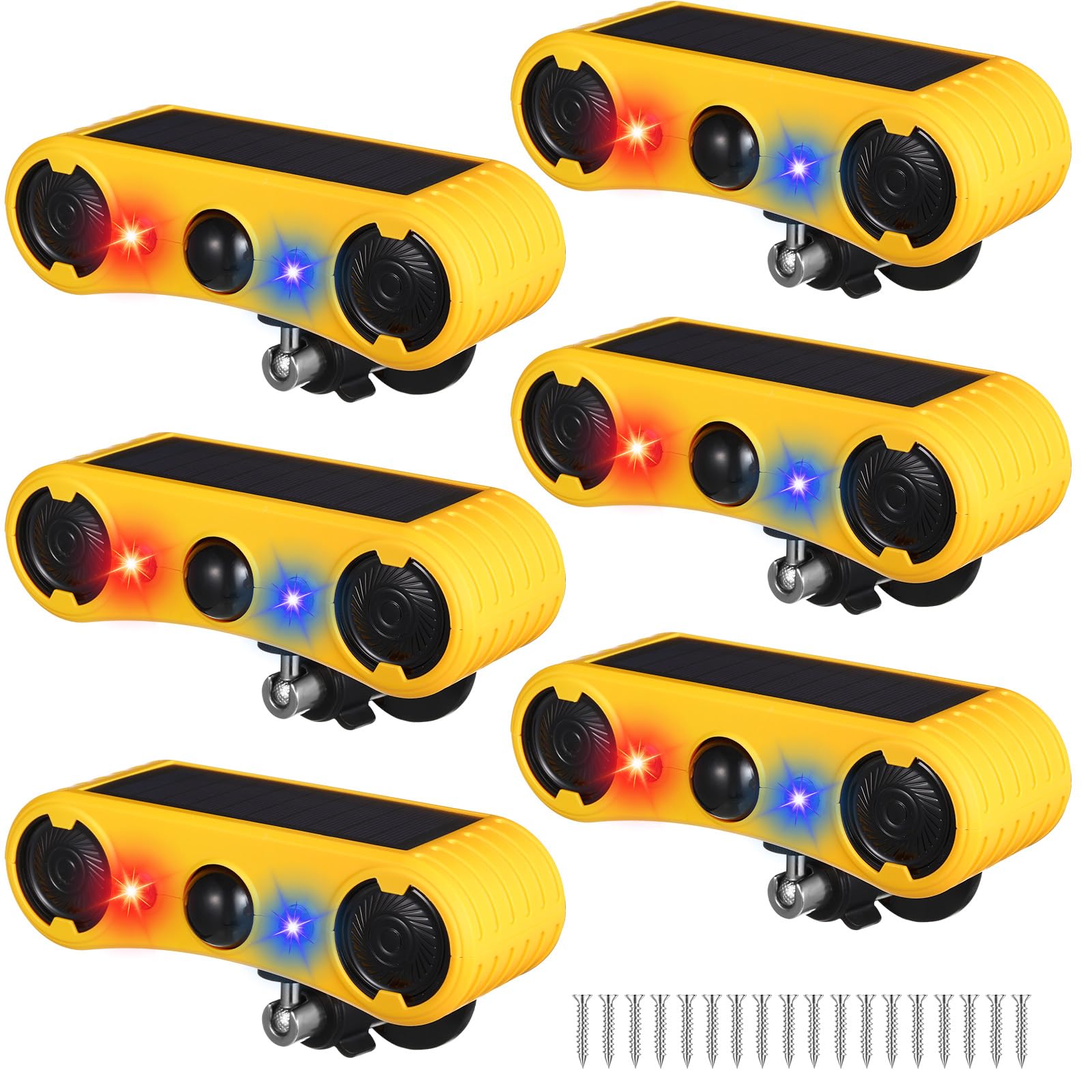 Qualirey Lot de 6 détecteurs de mouvement solaires d'extérieur - 2 x 129 dB - Bruit fort - 13 lumières stroboscopiques - 4 modes - Dissuasion des animaux - Alarme d'aboiement sur sol ou clôture pour