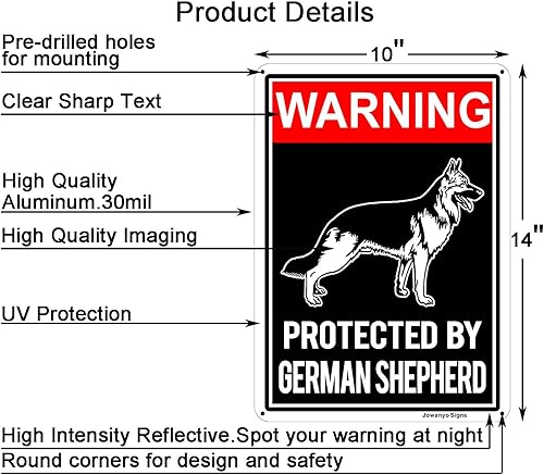 Miniatura 2 de Señal de advertencia de perro protegido por pastor alemán, 14 x 10 pulgadas, aluminio reflectante, fácil de montar, protección UV, resistente a la