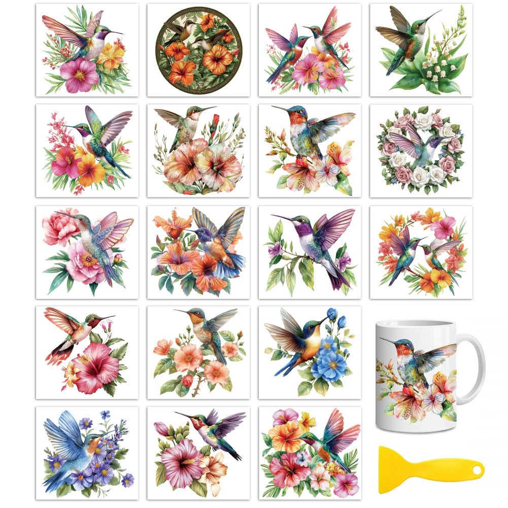 Peacoblue 18 Sheets Rub on Transfers for Crafts,18 Sheets 3.9 x 3.6 Inch Watercolor Decals Transfer Stickers Hummingbird Tropical for DIY Glass Cup โ image 1