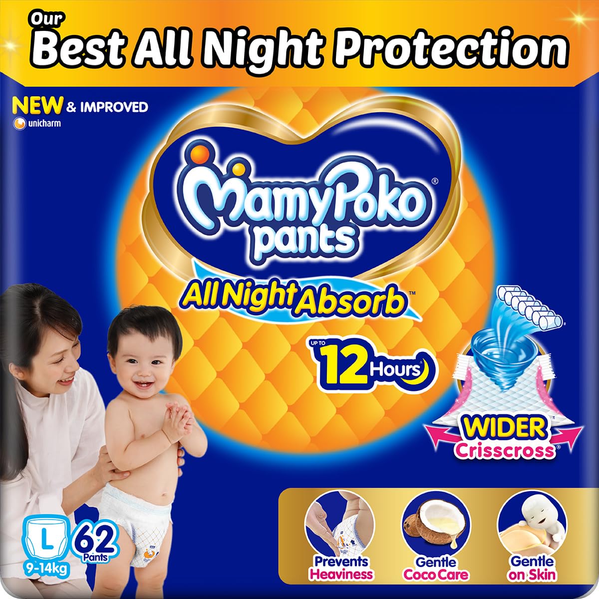 Mamypoko pants All night absorb| Pant Style Baby Diapers Large Size(L), 62 Count, Ideal for 9-14Kgs|1 Diaper= Upto All night Absorption|Wider Crisscross Sheet|Gentle Coco Care| 12hr Leakage Protection| Prevents Heaviness.