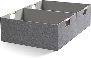 Foldable Fabric Storage Cubes, 2 Packs Cloth Storage Baskets with Wooden Handles, Collapsible Shelf Closet Organizer Bins, Rectangular Storage Boxes for Decor (Gray)