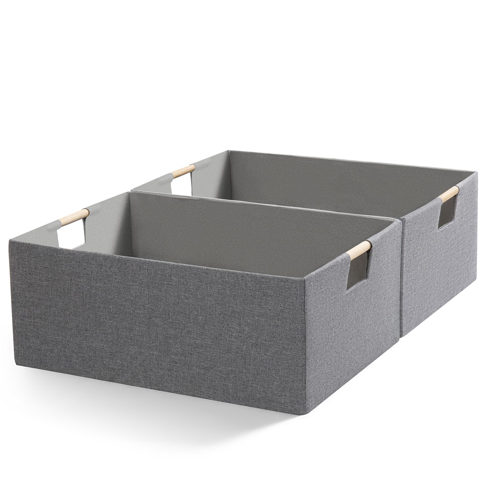 Foldable Fabric Storage Cubes, 2 Packs Cloth Storage Baskets with Wooden Handles, Collapsible Shelf Closet Organizer Bins, Rectangular Storage Boxes for Decor (Gray 2 Pack)