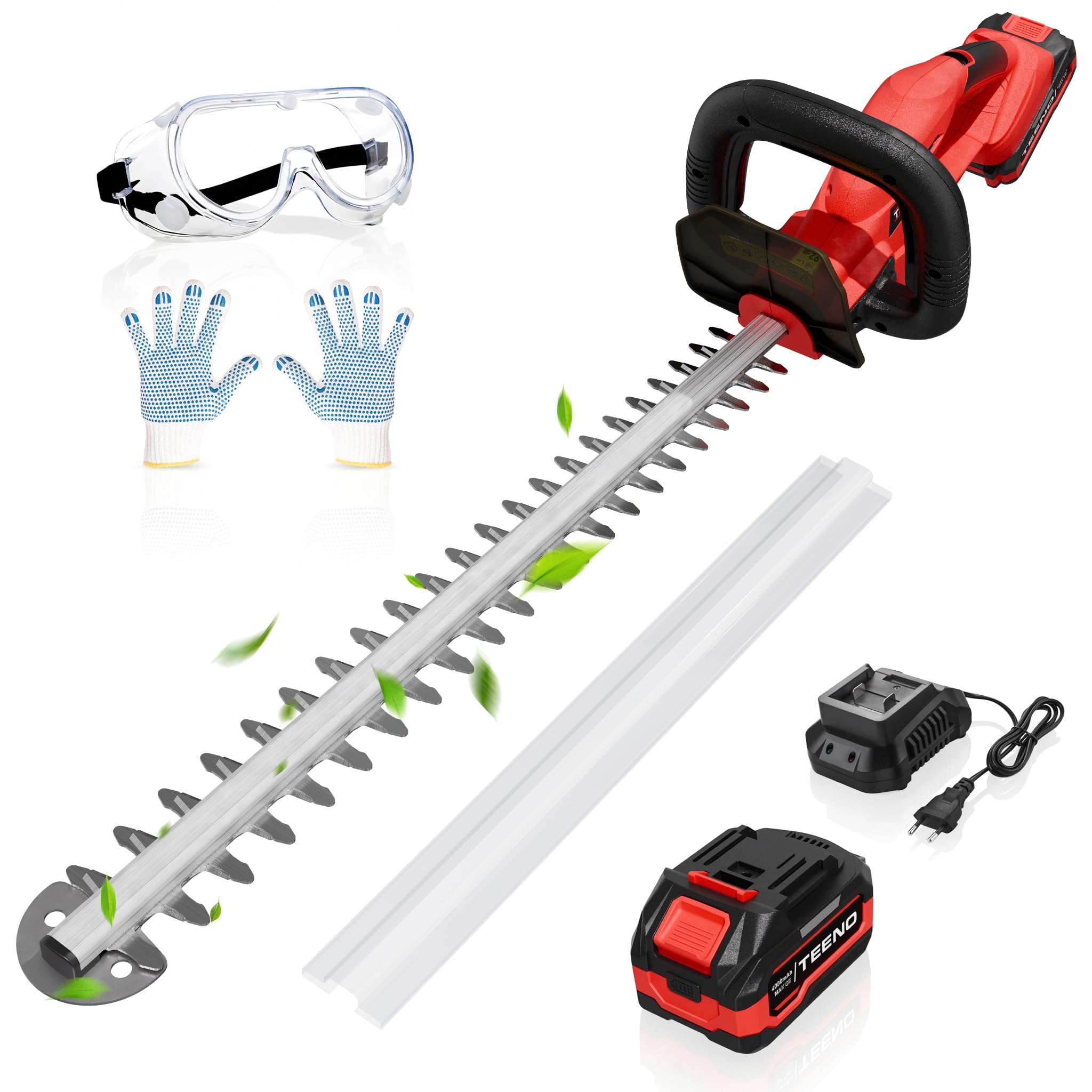 TEENO Cortasetos batería 20 V, Cortasetos eléctrico para setos y arbustos, con 1 batería 4000 mAh, Hoja de 52 cm, Corte 16 mm, Mango Giratorio 180°,para jardín doméstico