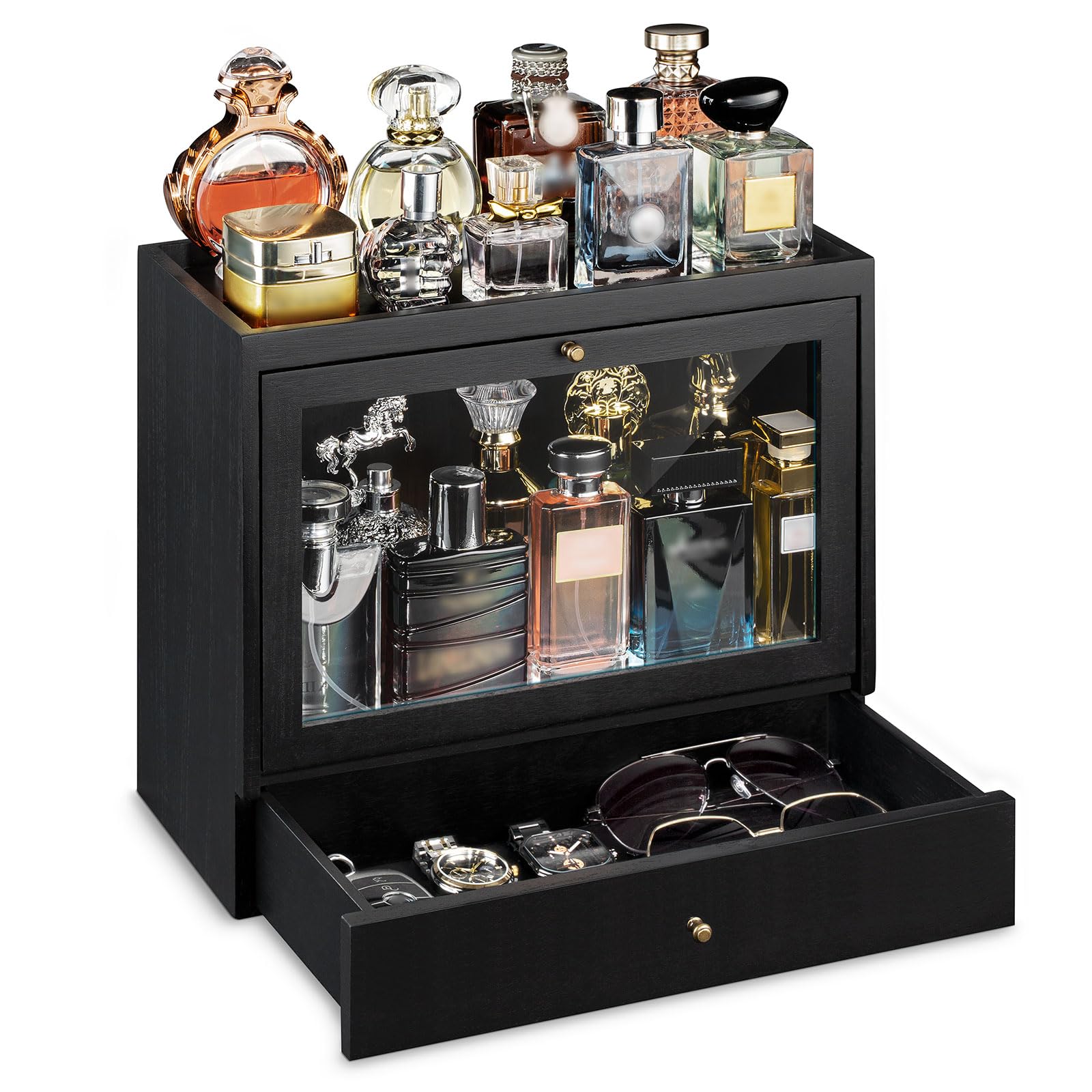 Organizador Perfumes Hombre, 3 Niveles Vitrina para Perfumes con Cajones, Gran Capacidad Organizador de Perfume de Madera, Expositor Perfume para Mostrar Joyas y Cosméticos, Gran Regalo(Negro)