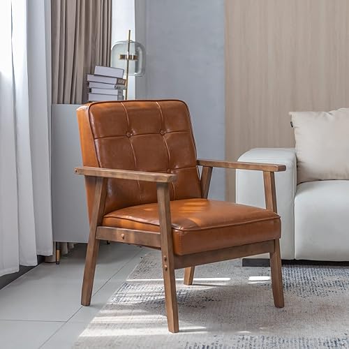 Miniatura 9 de Okeysen Juego de 2 sillas decorativas, sillón retro de tela moderna de mediados de siglo para sala de estar, sofá individual de madera maciza con