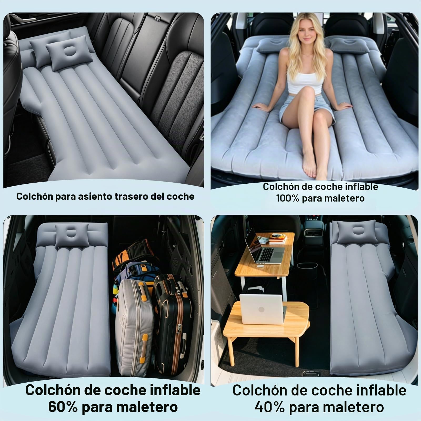 Colchón de Coche Hinchable Tesla Model Y y SUV - para Acampar (Grey) | 190 cm x 130 cm, con Bomba y 2 Almohadas Pequeñas, 4 Áreas Multifuncionales Independientes, Apto para la Mayoría de Vehículos