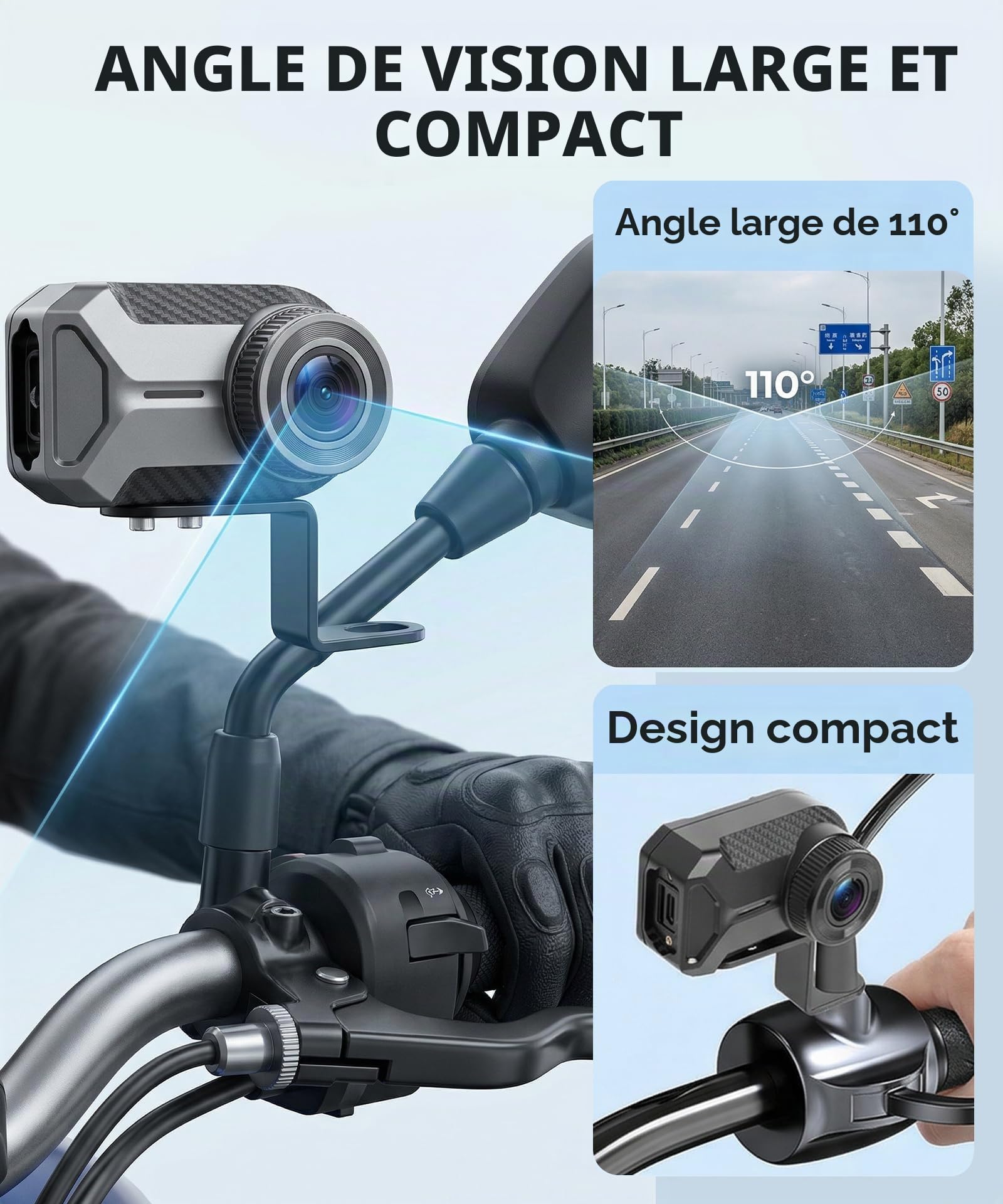 Enregistreur de Conduite pour Moto 1080P Full HD, sans Écran, Compact, Étanche IP66, Angle de Vue 110°, Enregistrement en Boucle, Installation sans Perçage, Connexion Wi-FI et Bouton Photo Rapide