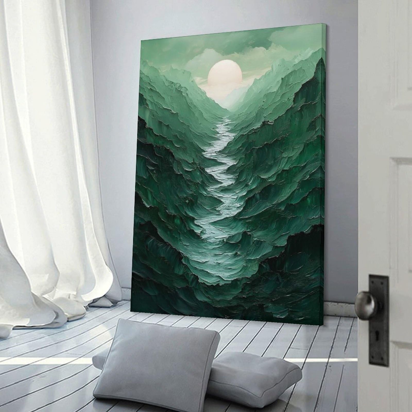 Junmoney Frame-Style-7 Green Mountain Valley With River And Sun Home Decor Wall Art 24X36inch(60X90cm), For Bedroom, Guest Room Or Reading Nook, Decorative Wall Art For Cosy Rooms